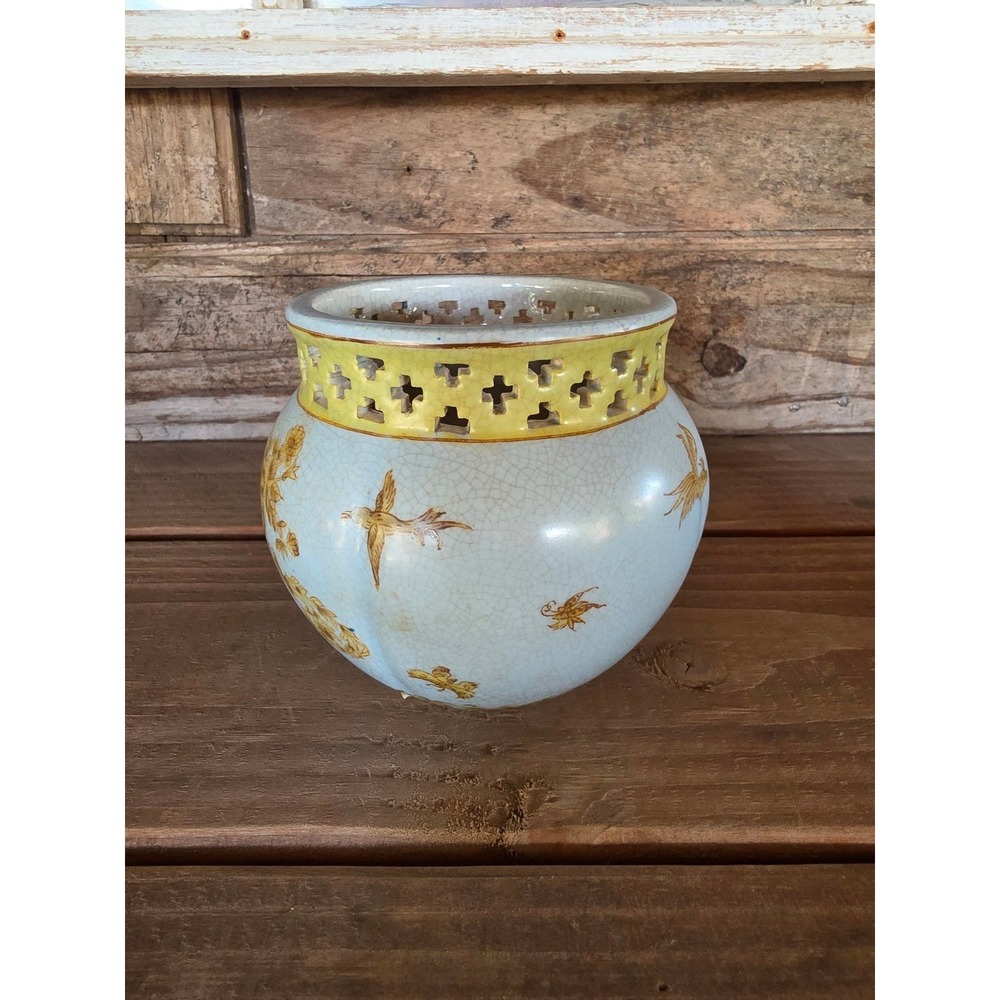 Tozai Home Crackle Glaze Ceramic Planter Pierced Rim Blue Gold